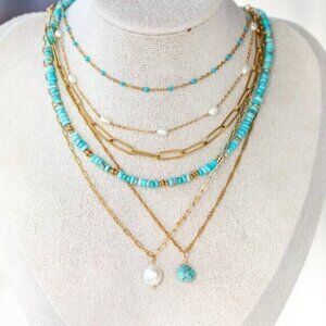Dainty Turquoise Pendant Necklace Waterproof Gold Chain Hypoallergenic Jewelry